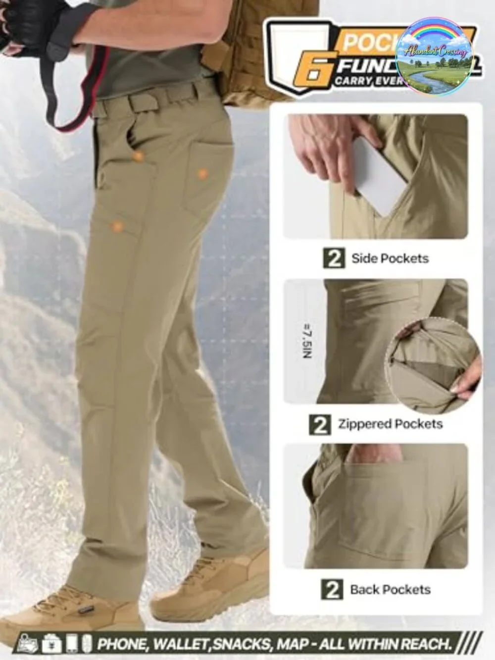 Men's Cargo Hiking Pants with Belt 86% Nylon 14% Spandex Quick Dry Adjustable